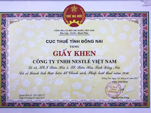 Nestlé Việt Nam lần thứ 5 liên tiếp nhận bằng khen của Cục Thuế Đồng Nai 